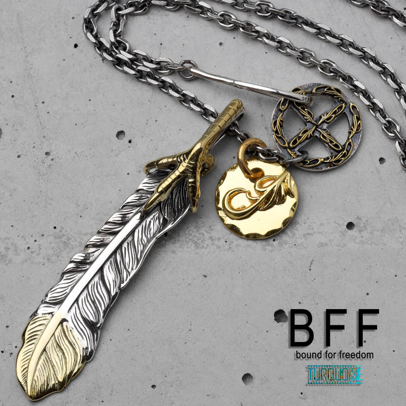 BFF ブランド フェザーネックレス シルバー925 金爪 羽根 メタル