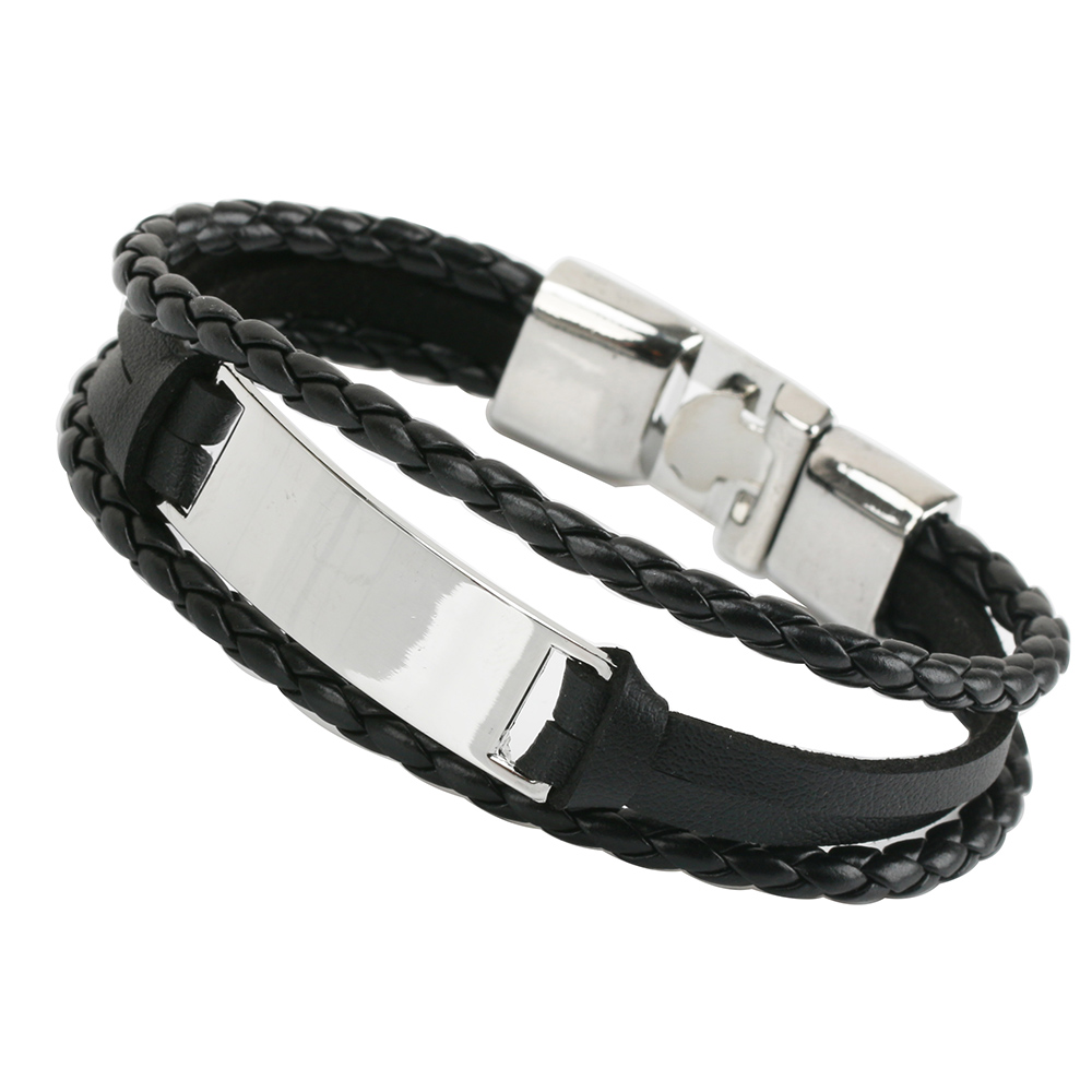 レザーバングル ブラック ホワイト 編み込み 重ね付け 三連バングル