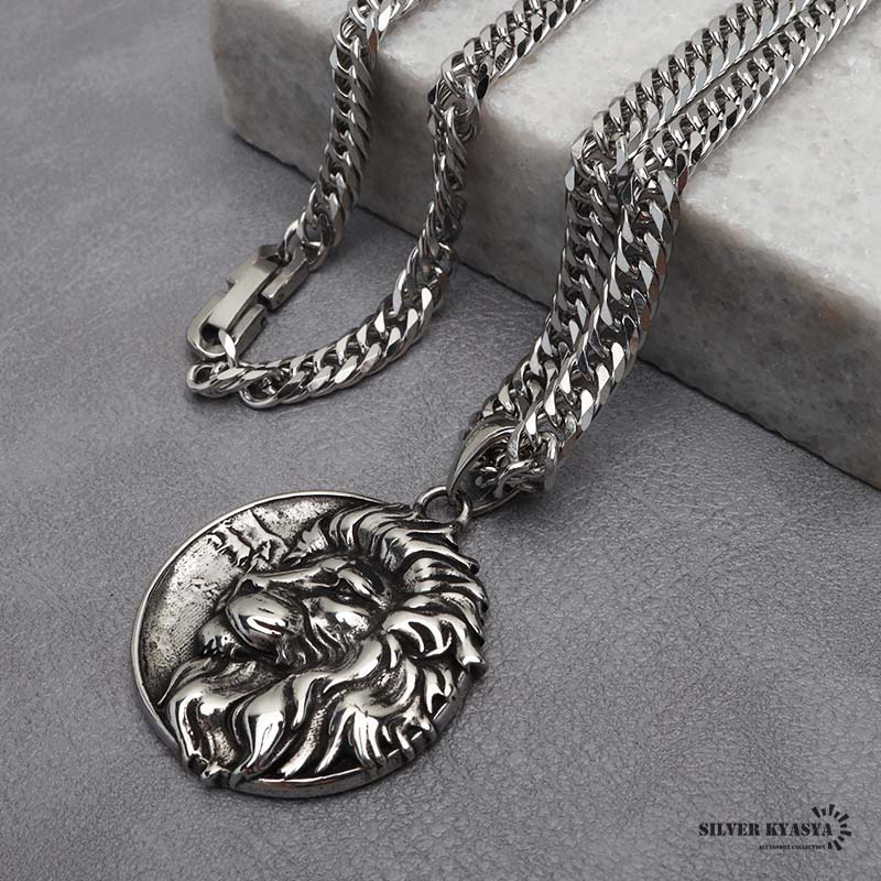 ステンレス ライオンネックレス メダルネックレス シルバー ダブル喜平