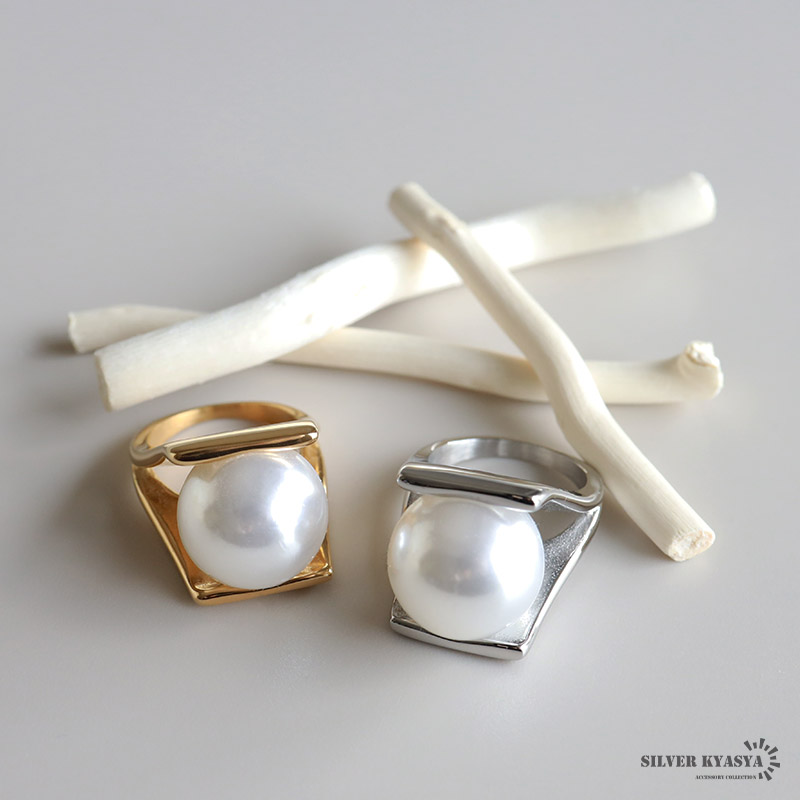 ステンレス 特大 パールリング 一粒リング 真珠リング 大粒 ワイド