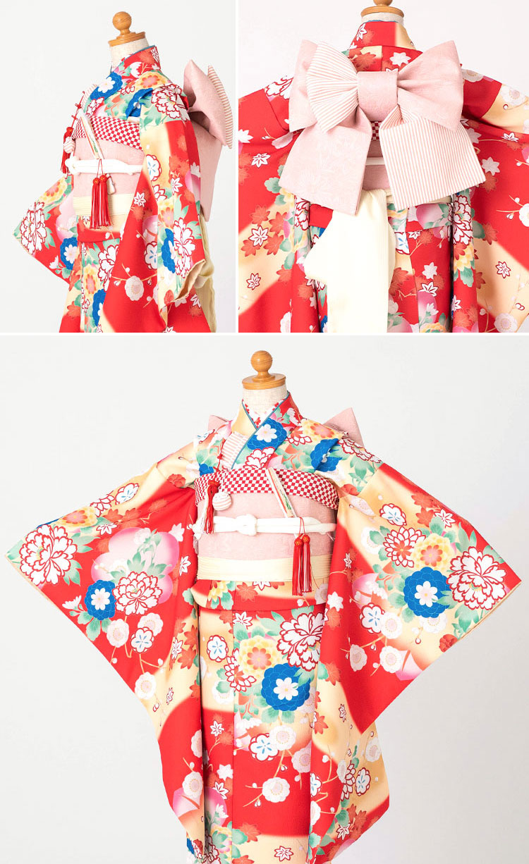 七五三 着物 7歳 四つ身 単品 女の子 着付けマニュアル付き 赤地に牡丹