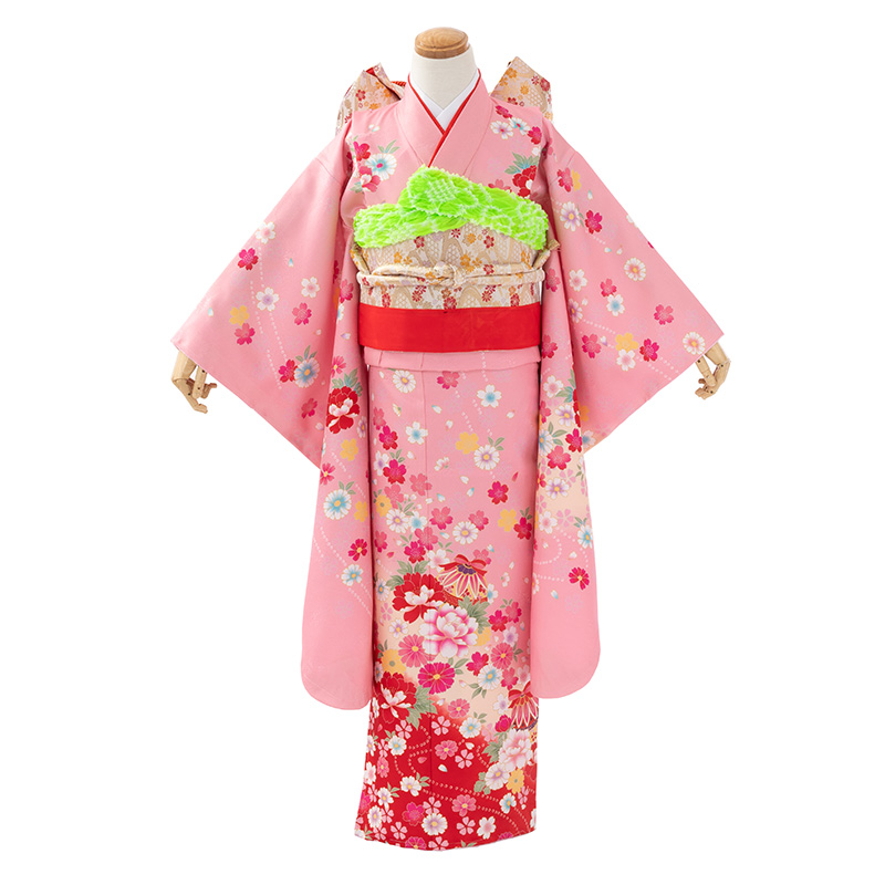 七五三 着物 四つ身 セット 女の子 7歳 7才 絵羽 結び帯 薄緑 赤 水色