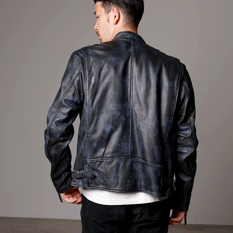 本革 ラムレザー】ネイビー シングルライダースジャケット メンズ