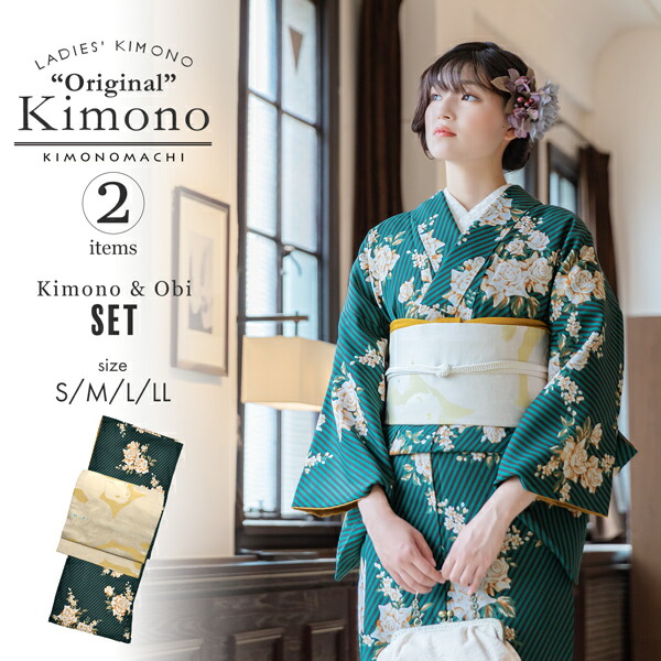 KIMONOMACHI 洗える着物 セット「袷着物：ストライプブーケ グリーン＋