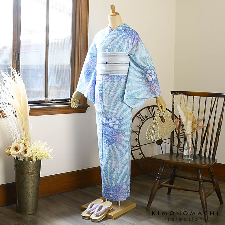 お仕立て上がり絞り浴衣単品「古織部、ねじ花 水色×青藤色」有松絞り