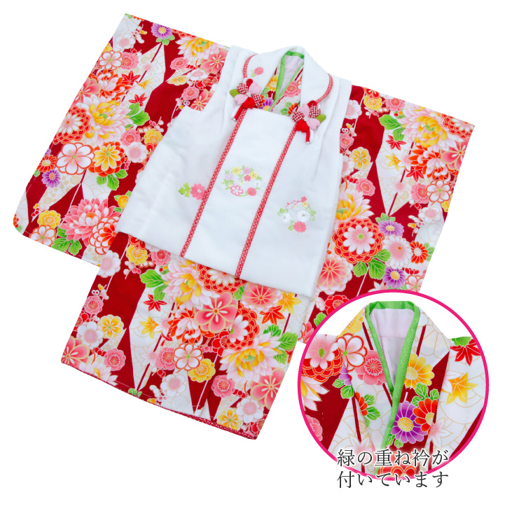 七五三 着物 3歳 被布セット 女の子 京都花ひめ レッド 赤色の着物 白