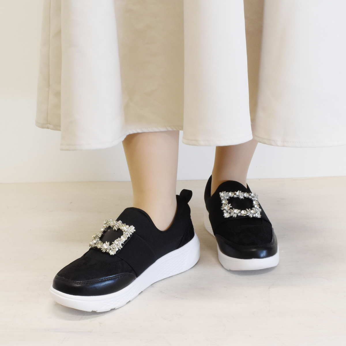 厚底 スニーカー スリッポン ビジュー バックル シューズ ゴム ベルト