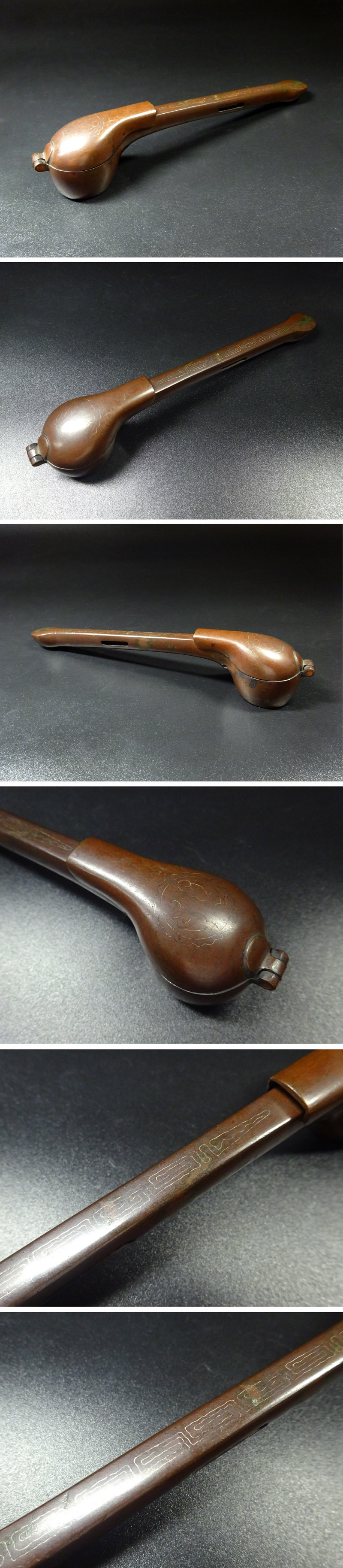 敬逢 秀逸 矢立コレクション 江戸時代 古銅地 本銀象嵌 唐草雷紋矢立