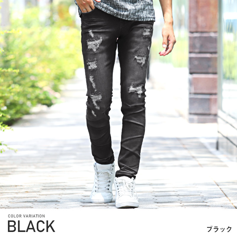 デニムパンツ メンズ スキニー ダメージ加工 リペア ジーンズ