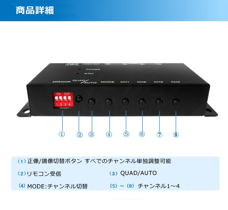 車載用ビデオ映像4分割器 モニター映像 4分割表示 正像 DC12V サイド