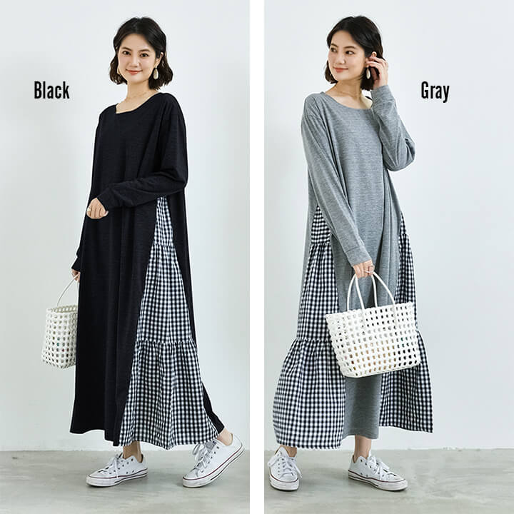 You Color ワンピース 春 秋 長袖 ギンガムチェック 無地 夏 冬 春夏
