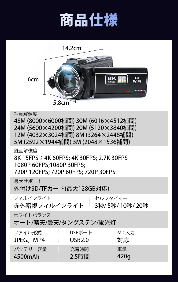 25980→23980更に10%OFF ビデオカメラ 8K 6400万画素 18倍ズーム 外