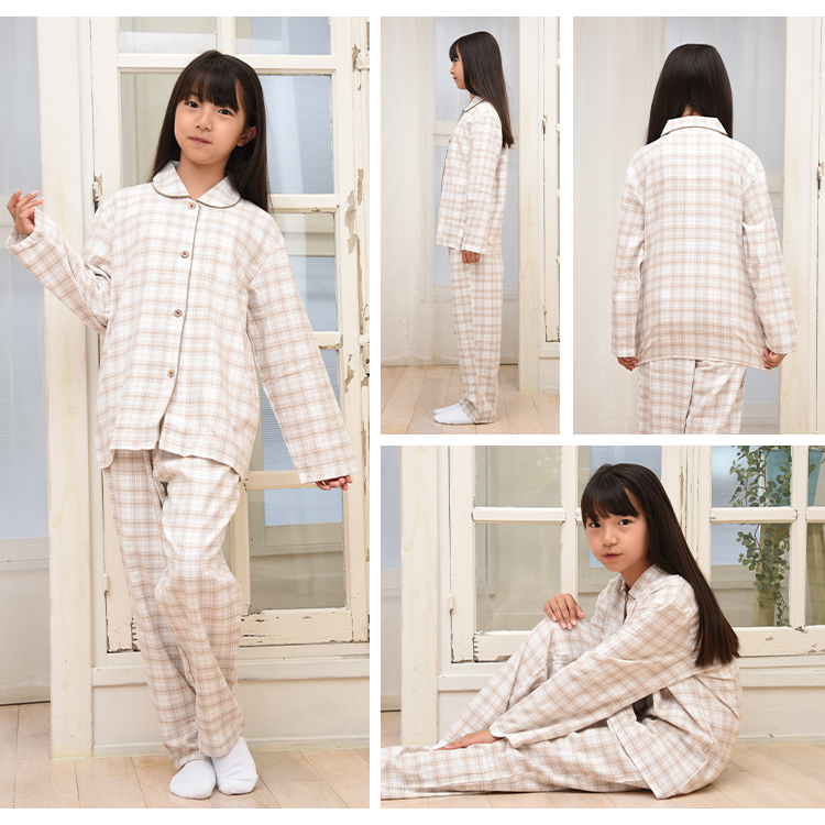 パジャマ キッズ 女の子 綿100％ 長袖 春 秋 前開き ボタン 先染 起毛