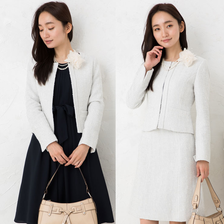 SALE40)ジャガード風ツイード×ジョーゼットノーカラー3点セットスーツ