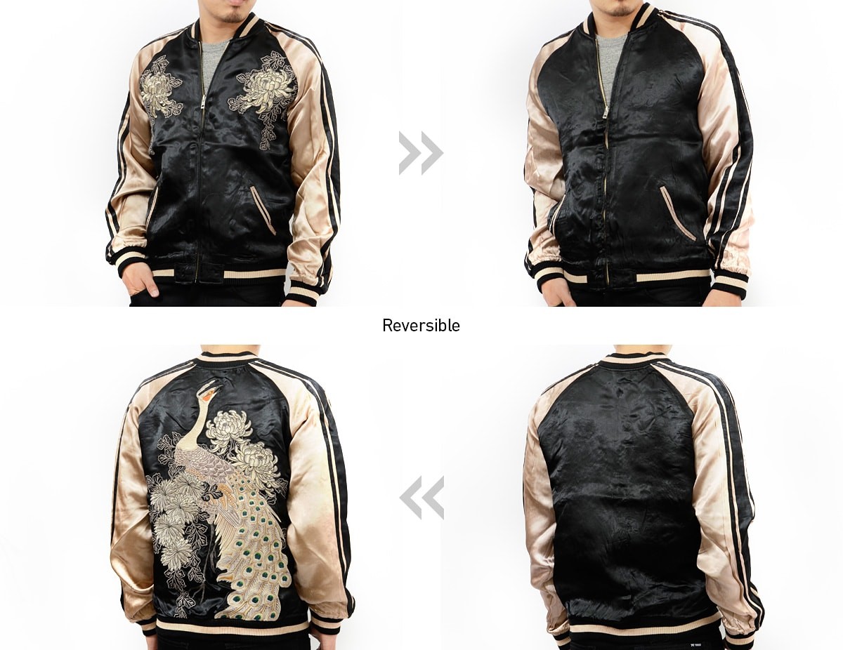 花旅楽団 和柄 スカジャン 菊 花 白孔雀 リバーシブル 刺繍 SCRIPT SSJ