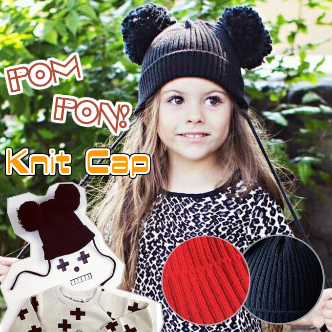 ベビー キッズ 帽子 ポンポン 耳付き ニット キャップ ミッキーマウス