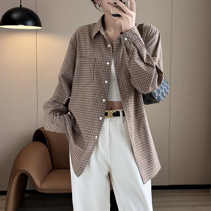 チェック シャツ レディース 秋 秋色 綿 長袖 ブラウス やや長め着丈