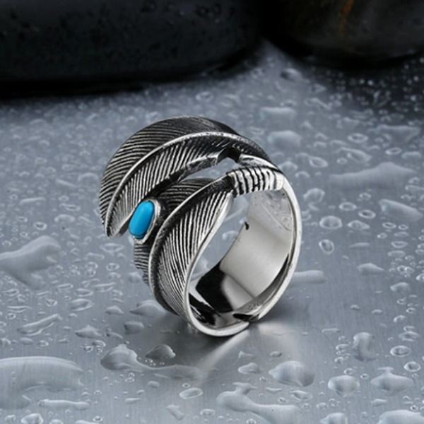メンズ フェザー リング ターコイズ トルコ石 ステンレス アメカジ