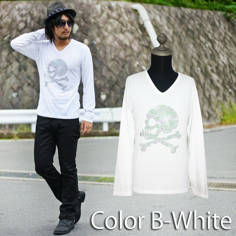 閉店セール】Tシャツ メンズ Vネック 長袖 ロンT ラインストーン