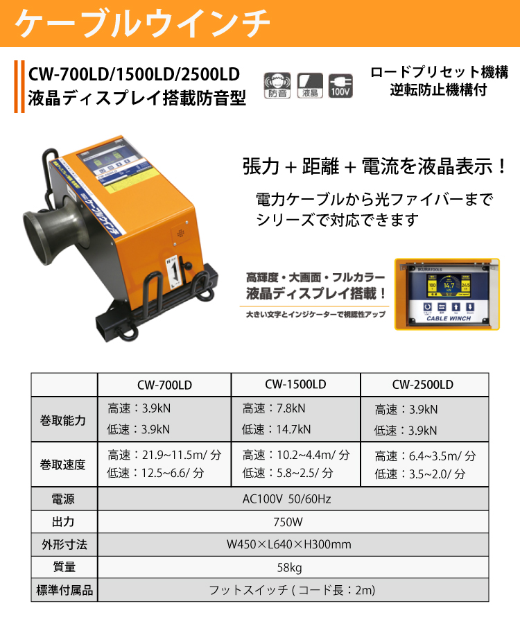 育良精機 (配送先法人様限定) ケーブルウインチ CW-2500LD デジタル