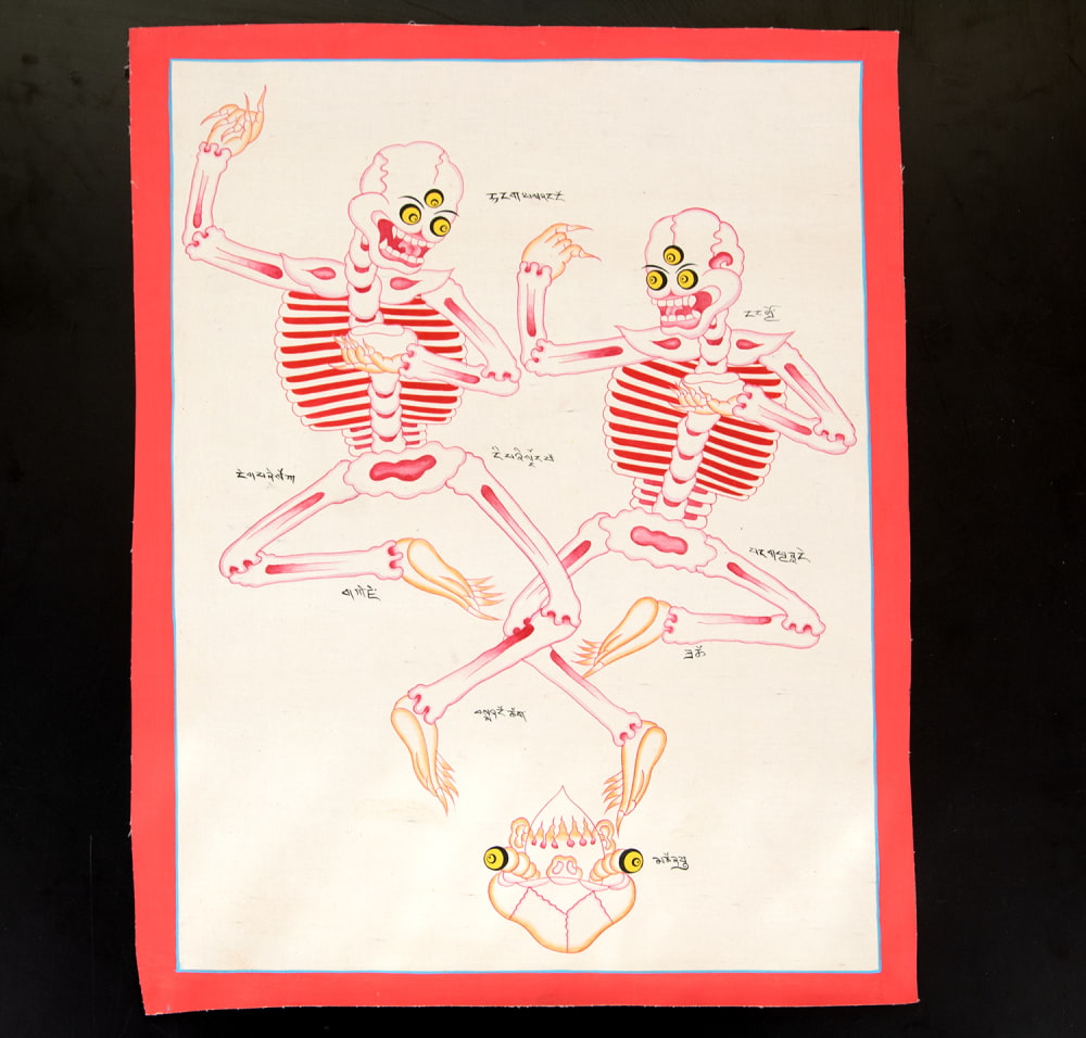 送料無料 タンカ 仏画 マンダラ チベット 〔一点物〕タンカ 踊る骸骨