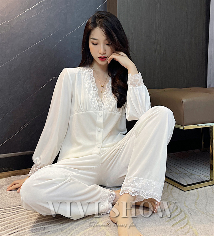 ベロア パジャマ レディース ルームウェア 上下セット レース Vネック