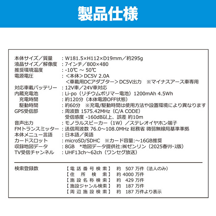 カーナビ 7インチ ポータブルナビ 2025年リリース版ゼンリン社監修地図