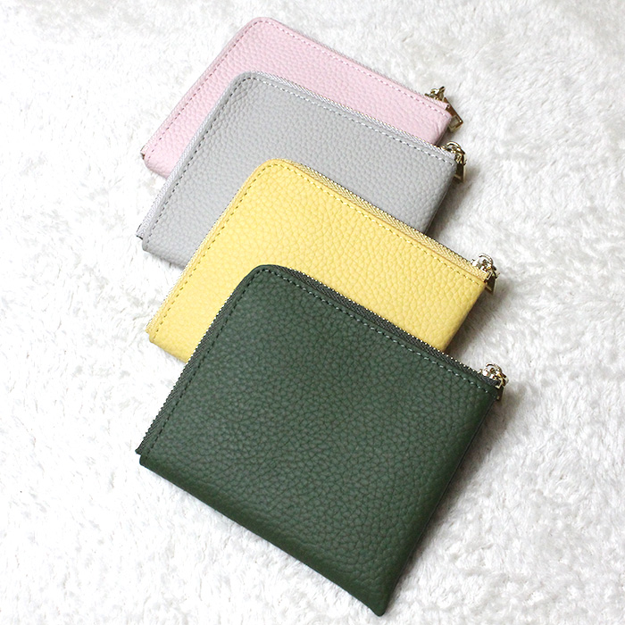 ミニ財布 L字ファスナー コンパクト 本革 レザー ピンク イエロー