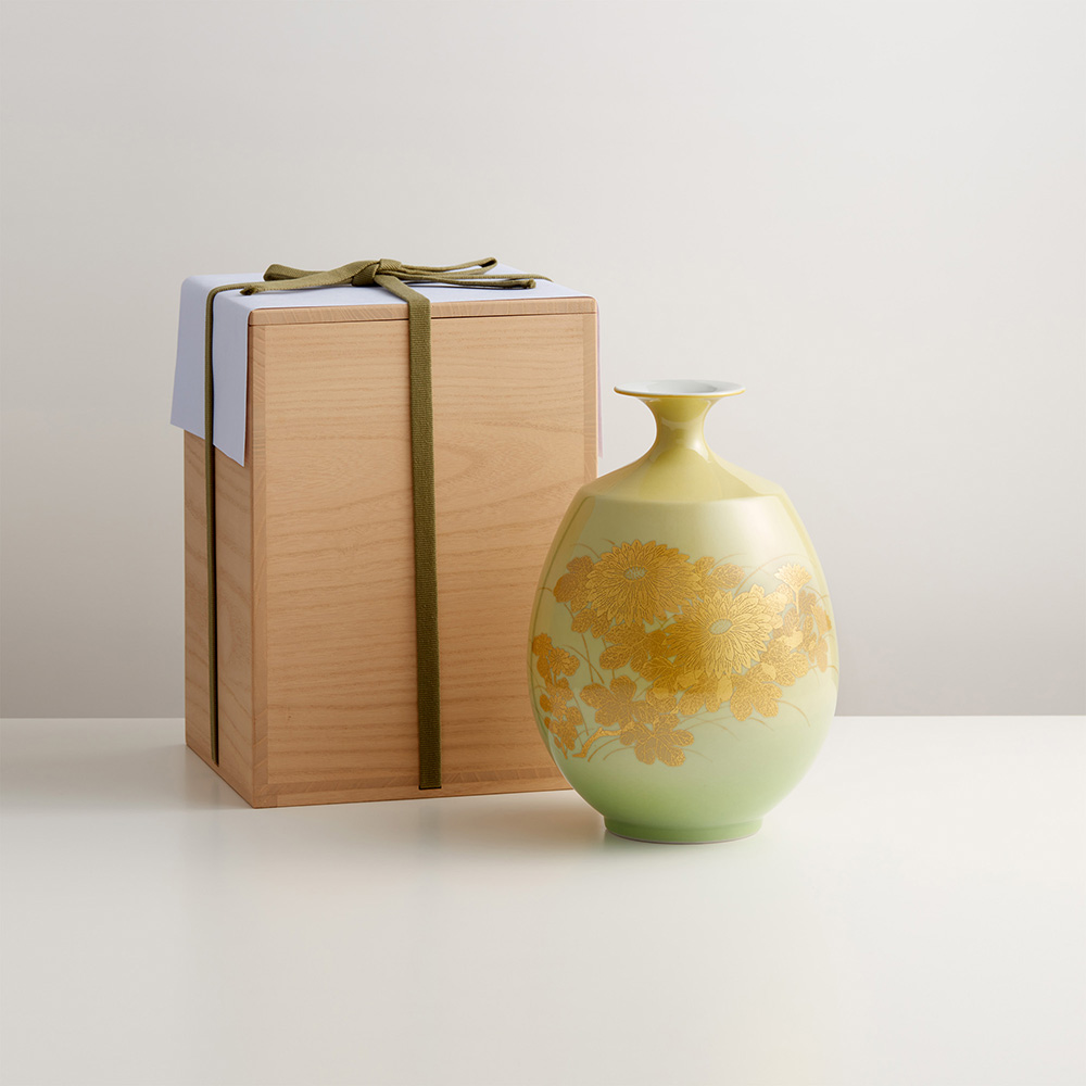 令和元号記念作品】 人間国宝 錦山窯 吉田美統 花瓶 釉裏金彩菊花文