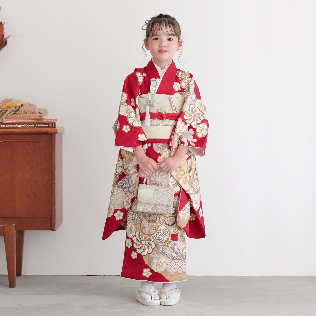 七五三 7歳着物 レンタル フルセット 赤 ねじれ梅 女の子 七歳 753