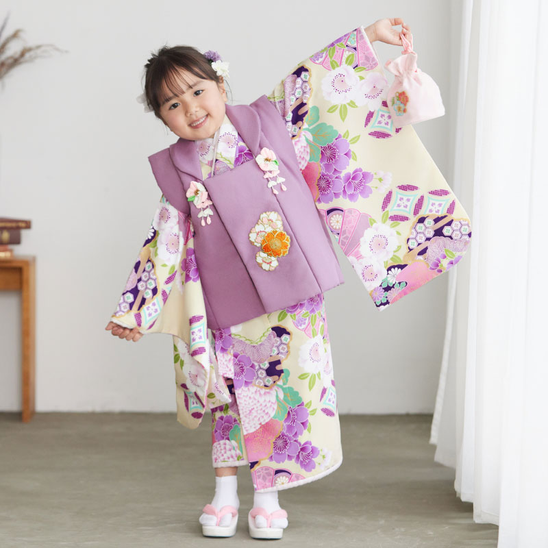 七五三 着物レンタル 3歳 753 女の子 フルセット 被布 クリーム桜松檜
