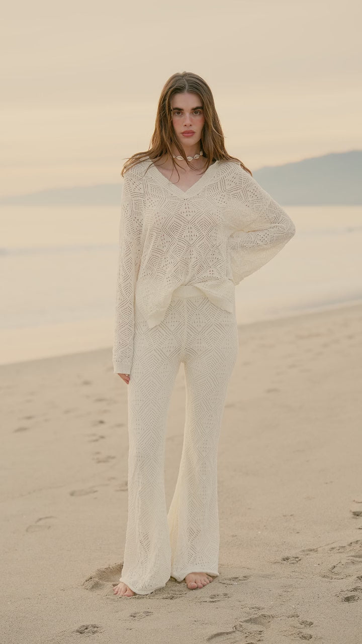 Diamond Dream Pointelle Crochet-Knit Polo Sweater