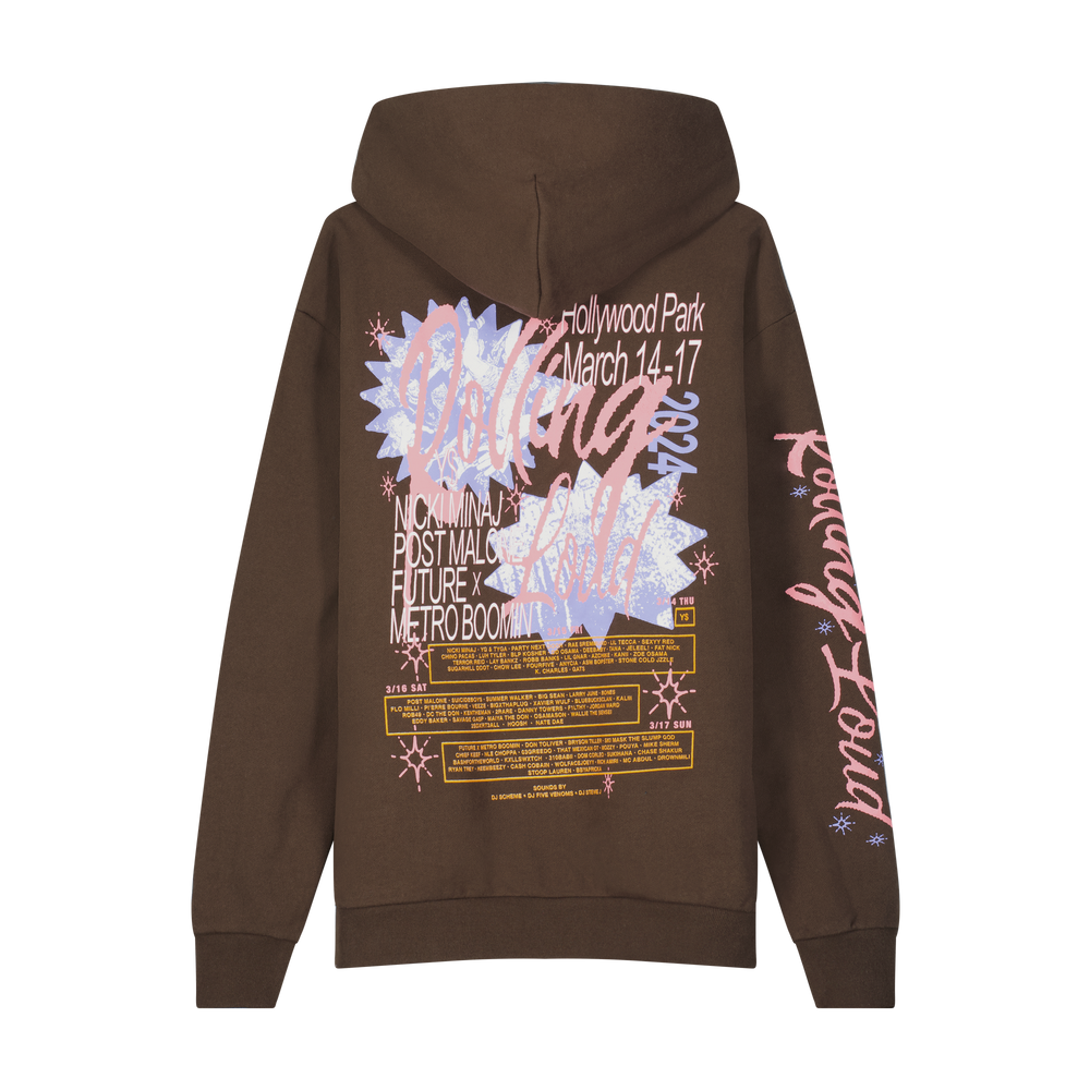 RL LA 24 Bulletin Lineup Brown PO Hoodie | Rolling Loud