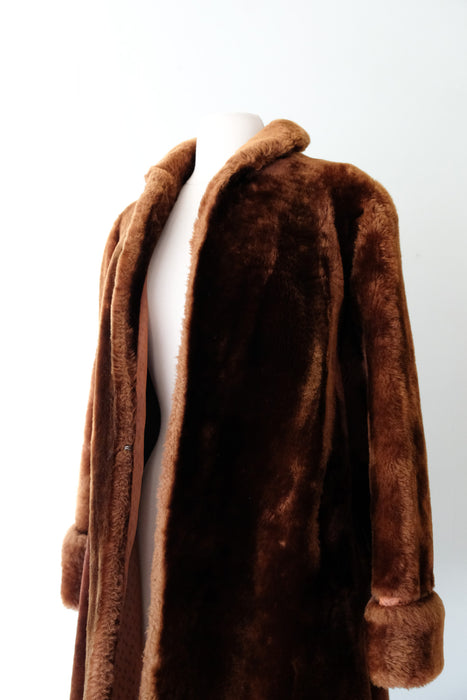 Luxurious 1940's Cinnamon Brown Mouton Fur Swing Coat / Sz M