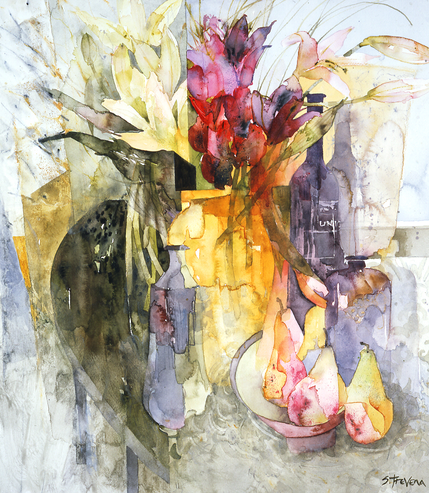 Pink Pears, Red Flowers – Shirley Trevena