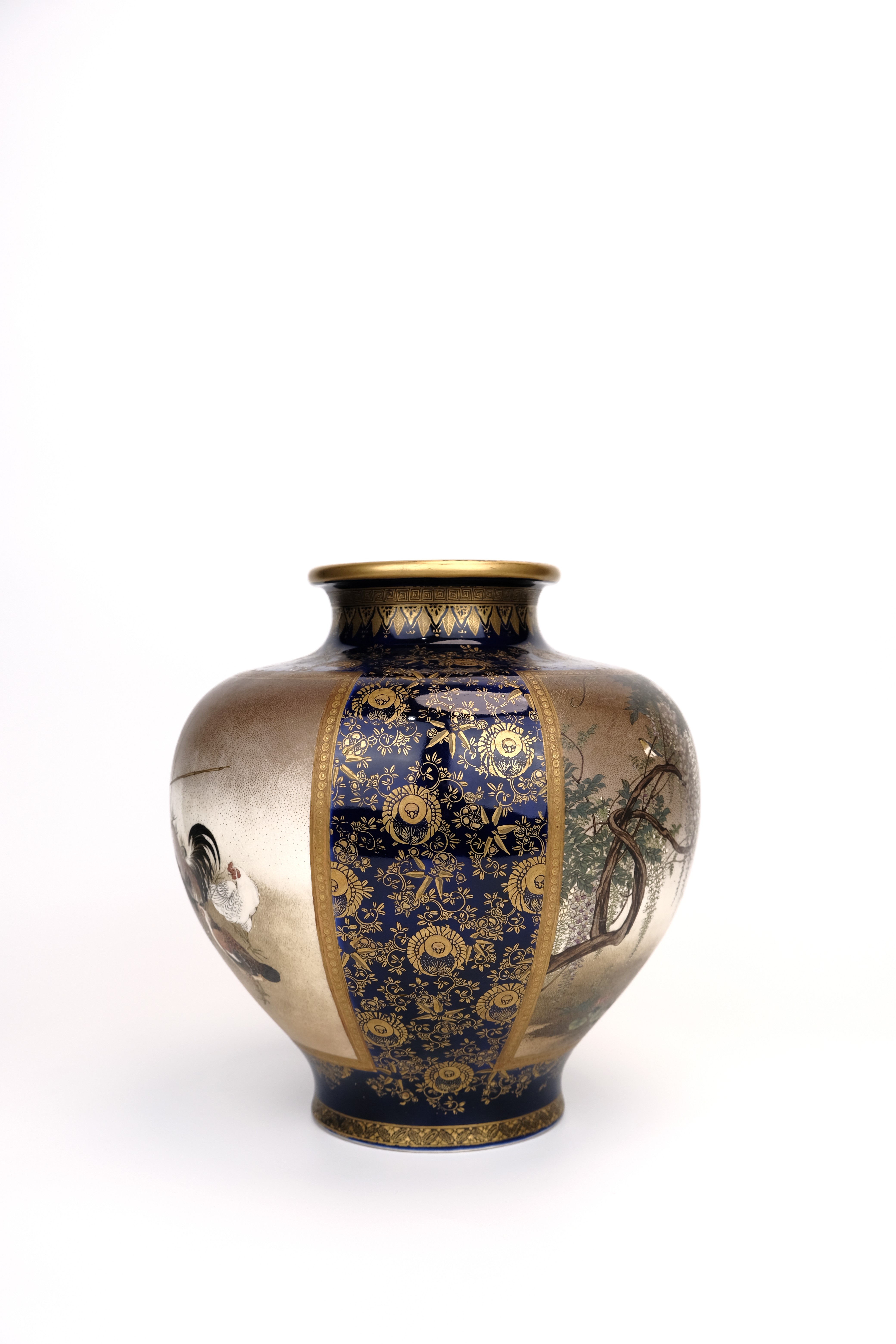 長谷川 塑人 黄地 金襴 花鳥文壺 飾壺 花器 師梅山 c372 長谷川