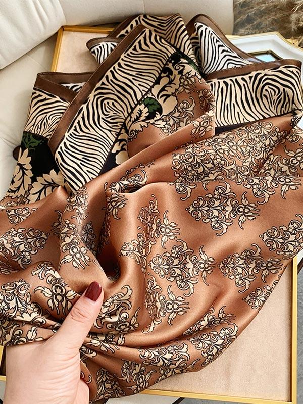 Brown Floral Silk Square Scarf 88x88cm – SILKSILKY