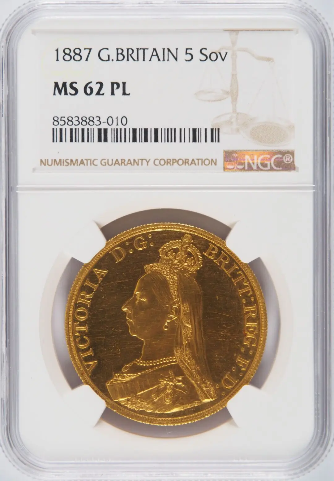 1887年 ビクトリア・ジュビリーヘッド 5ポンド金貨 NGC MS62PL