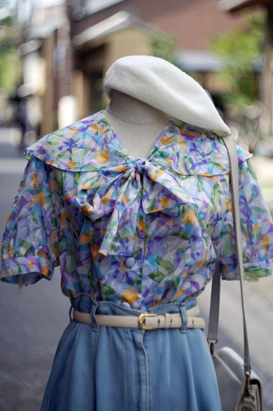 花柄 ライトブルー カラフル 半袖 ブラウス リボン [17370] レトロ