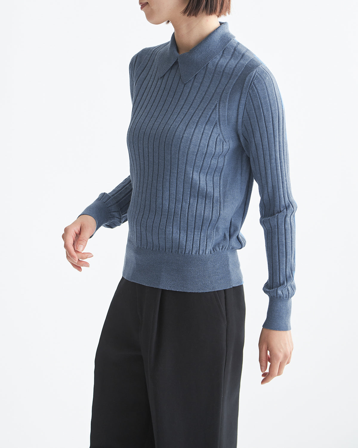 18Gワイドリブ エクストラファインメリノウール×シルク 襟付きプル