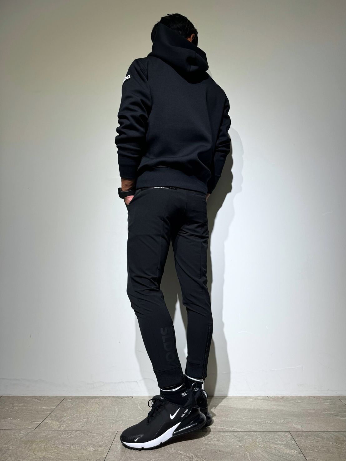 NEW STDダブルクロスストレッチリブパンツ/BLACK×BLACK LOGO (UNISEX