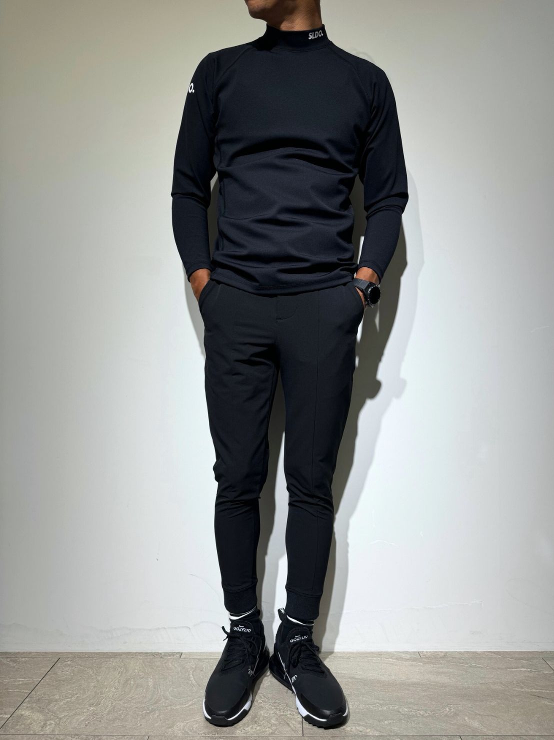 NEW STDダブルクロスストレッチリブパンツ/BLACK×BLACK LOGO (UNISEX