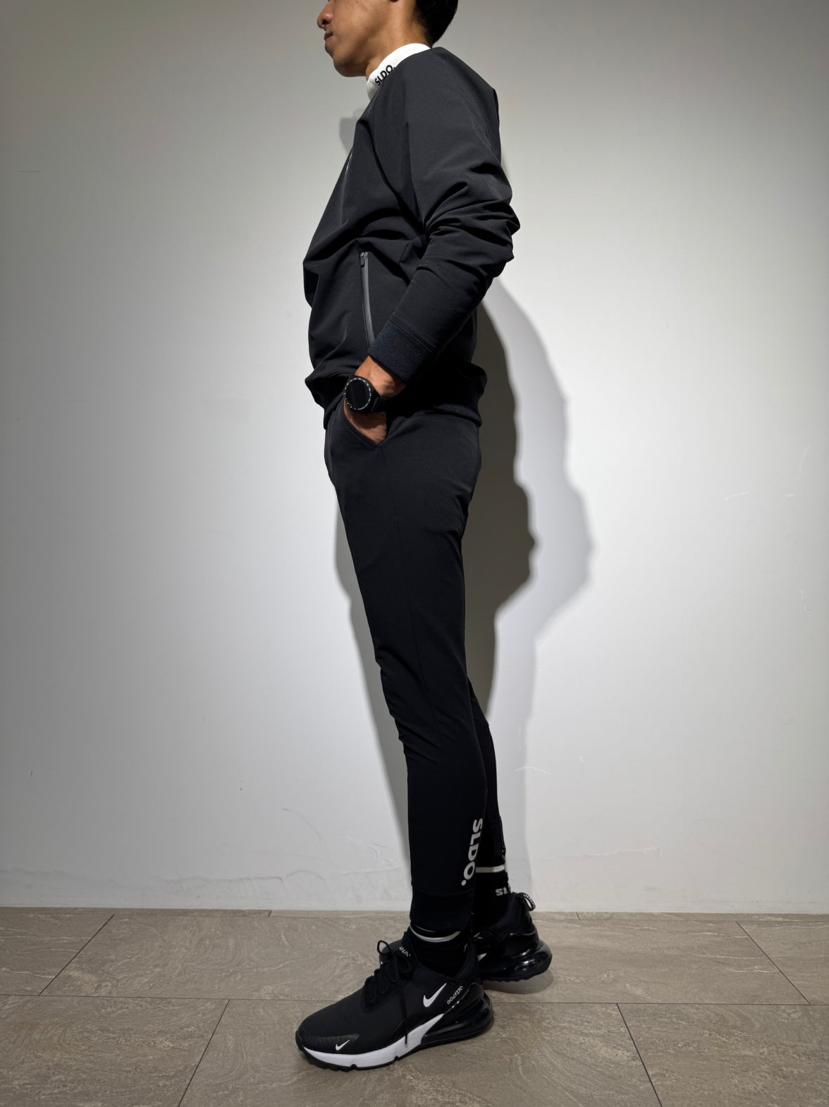 NEW STDダブルクロスストレッチリブパンツ/BLACK×WHITE LOGO(UNISEX