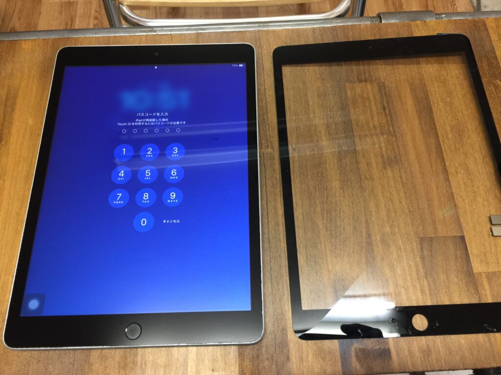 画面に一本のひび割れがあるiPad 9 のタッチパネル交換修理 - FLAT大宮