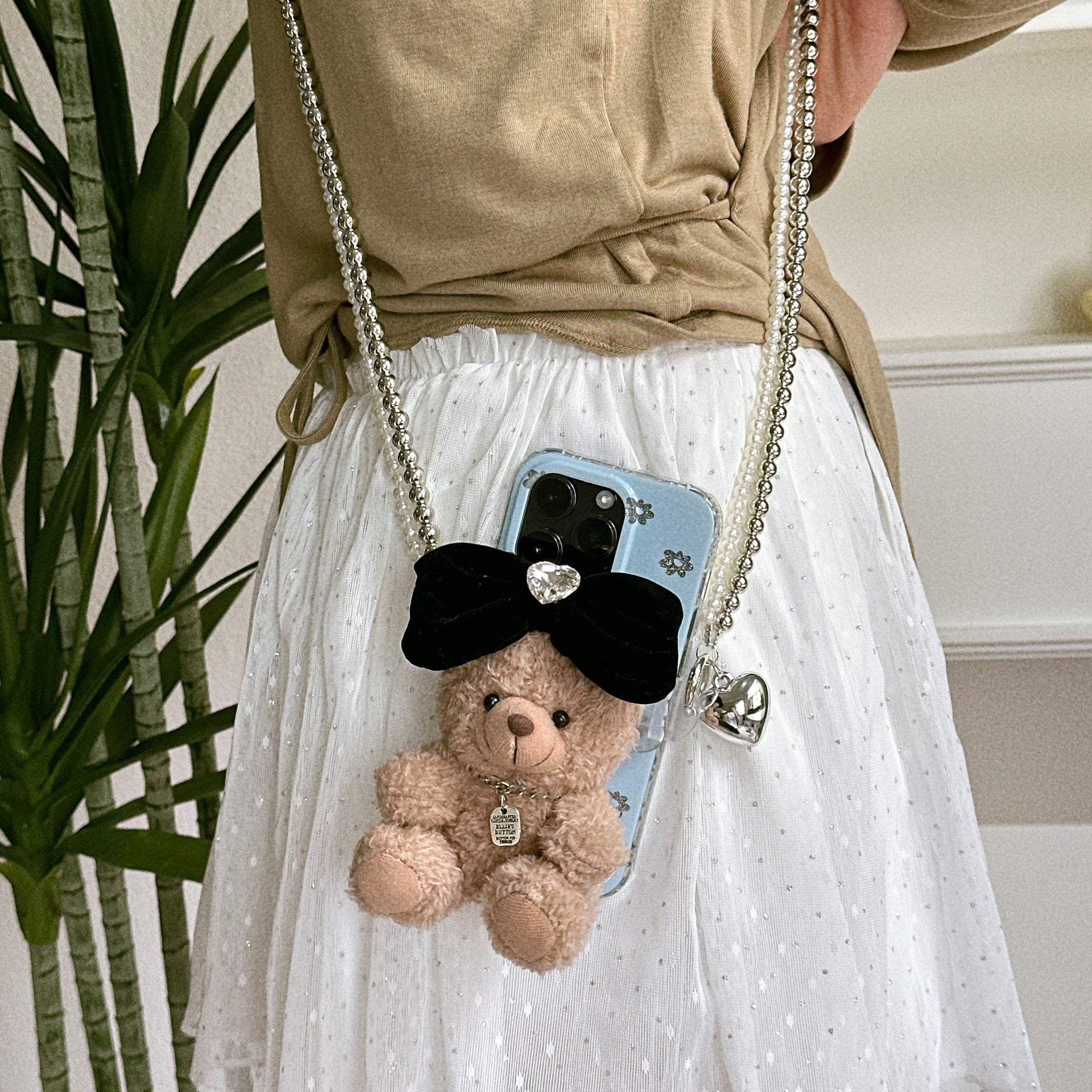 ダブルパールストラップベアドールサイドクリップスマホショルダー