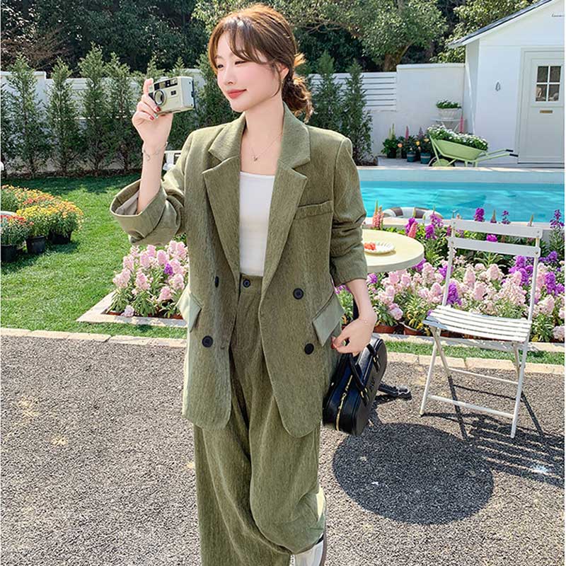 オーバーサイズグリーンセットアップ（緑）秋/冬 都会的なカジュアルスーツ