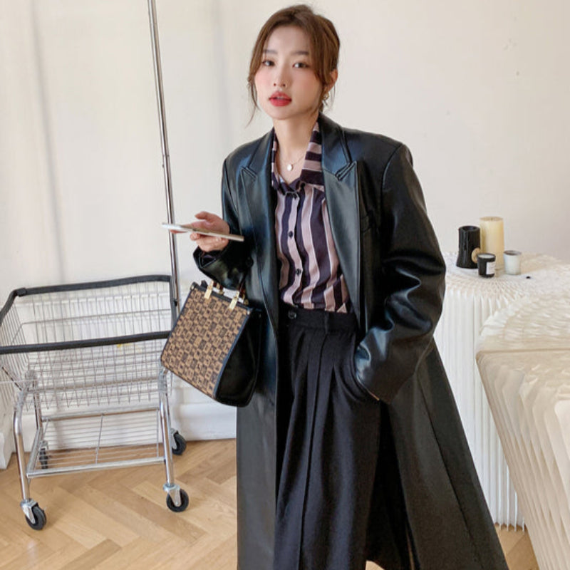 ダブルブレストPUレザーコート (黒) 秋/冬 クールな大人のアウター