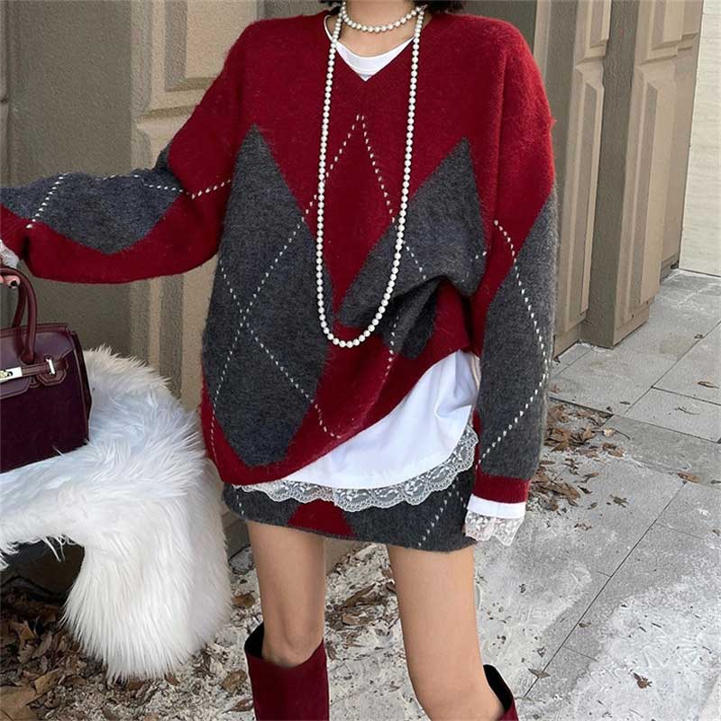 アーガイル柄ニットセットアップ(2colors)（灰・赤）秋/冬 アーガイル