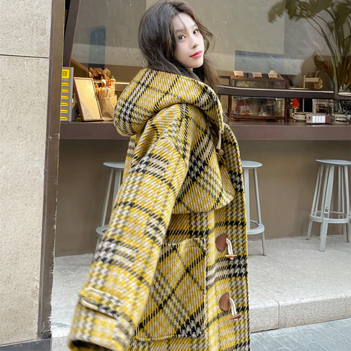 イエローチェックダッフルコート (黄・黒) 秋/冬/春 大人可愛い