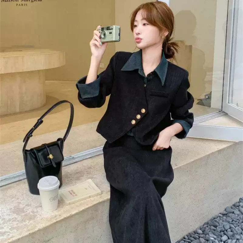 コーデュロイフェイクジャケット×スカートセットアップ（青）秋/冬